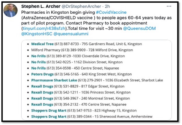 screenshot of tweet listing Kingston Pharmacies giving Covid vaccines