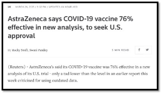 screenshot of news article saying Astra-Zeneca vaccine is safe