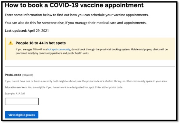 screenshot of covid vaccine appt registration page