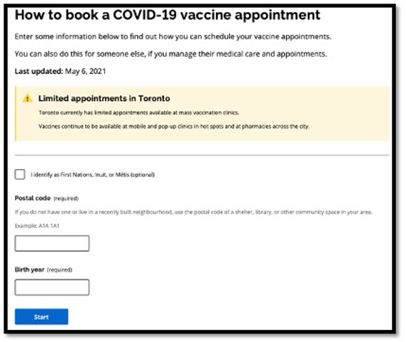 screenshot of vaccine registration page