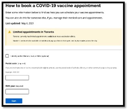 screenshot of registration page for covid vaccine