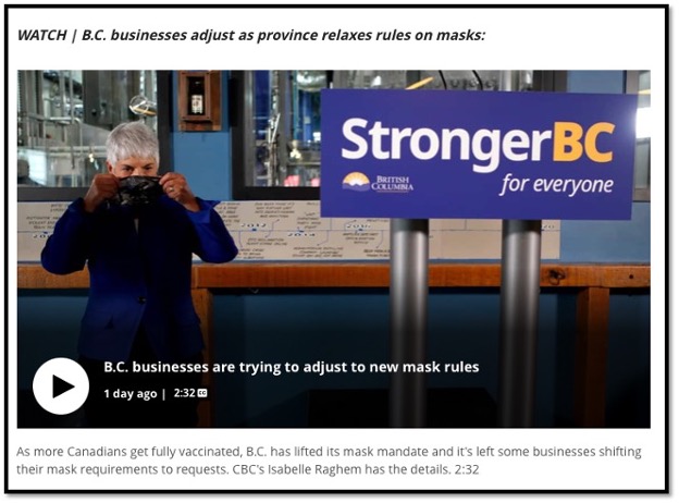 woman putting on a face mask beside a stronger bc for everyone sign