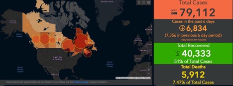 Map showing total cases vs recovered vs deaths in Canada