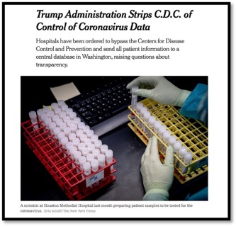 Screenshot of News article titled: Trump administration strips C.D.C of control of coronavirus data