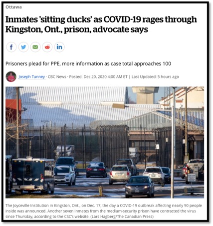 screenshot of news article of outbreak at prison picture of prison