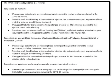 memo from Thrombosis Canada re covid vaccine
