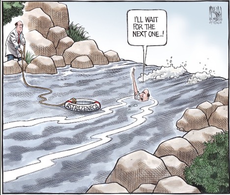cartoon man in water heading for waterfall and life saver within reach labelled astra Zeneca