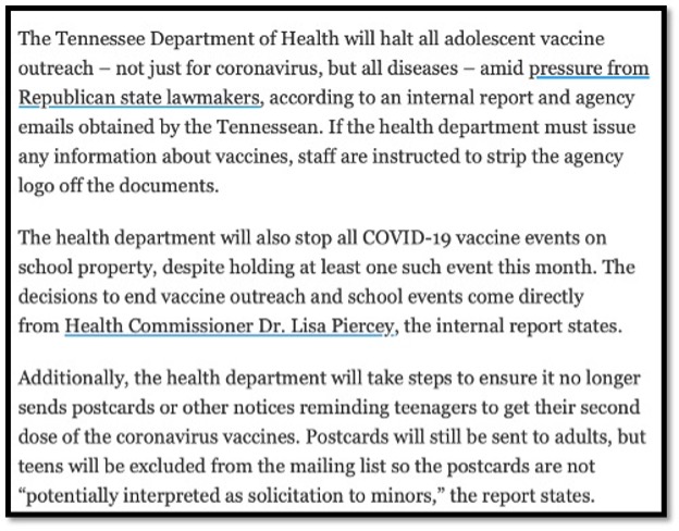 memo stating Tennessee with halt all vaccine events