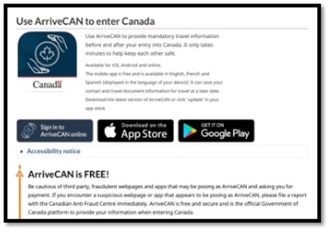 screenshot of ArriveCan App