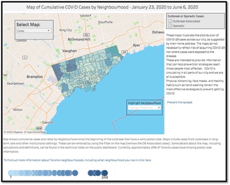 map of Toronto area showing neighbourhood covid-19 prevalence