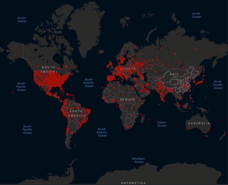 map of the world showing prevalence of covid-19 cases by country