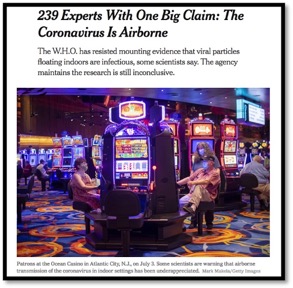 news headline reads Coronavirus is airborne and people sitting at slot machines in a casino