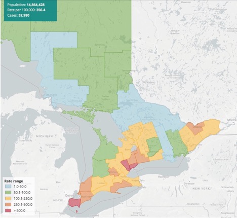 A Map of COVID-19 prevalence in Ontario Oct 5th&nbsp;2020