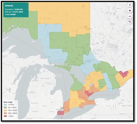 map of Ontario showing areas of high prevalence of COVID-19