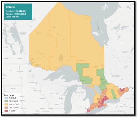 map of Ontario with highlighted areas of  high covid