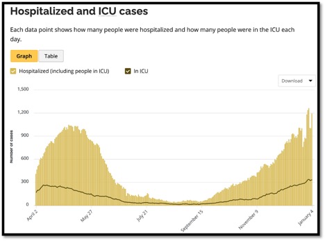 graph showing hospitalized and ICU covid cases