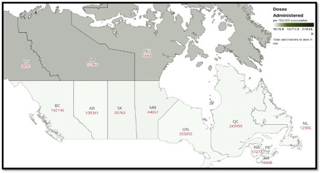 map of Canada with each province labelled and the number of vaccine doses administered to date
