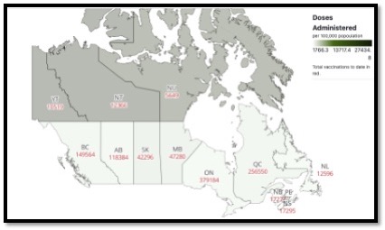 map of Canada with each province labelled and the number of vaccine doses per province given