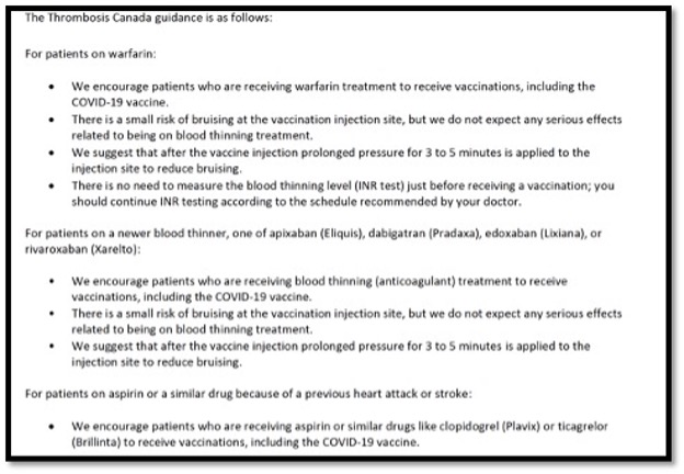 memo from Thrombosis Canada re vaccinations and blood thinners