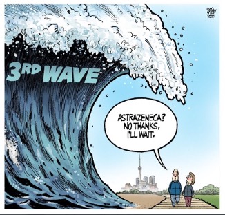 cartoon of a large wave that is labelled 3rd wave curling over two people standing looking at it
