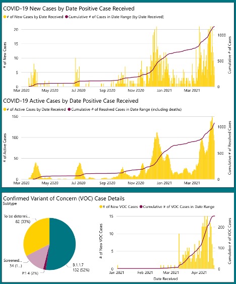 various line and pie graphs showing positive cases and variants