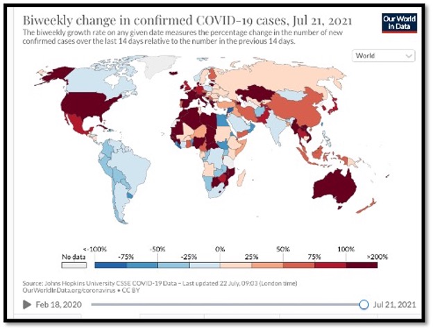 world map with various colours depending on covid-19 cases