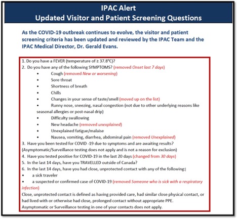 screen shot of IPAC Alert screening questions