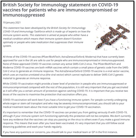 statement re vaccines for patients who are immunocompromised or immunosuppressed