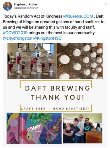 Photo of Daft Brewery hand sanitizer and owners