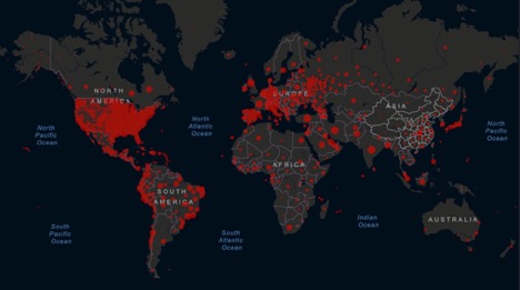 world map showing prevalence of cases globally