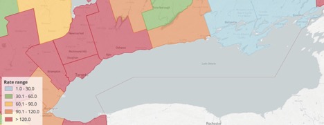 map of Ontario showing areas with COVID-19