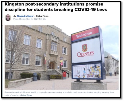screenshot of Queen's university welcome sign and building