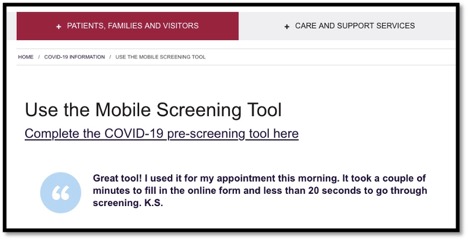 screen shot of the mobile screening device for patients of KHSC