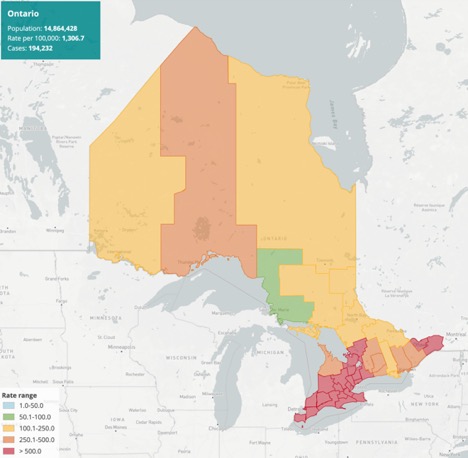 map of Ontario highlighting areas with various covid #'s