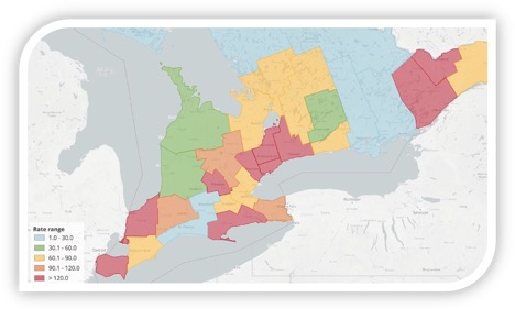 Map of Ontario showing rates of COVID-19 in each area