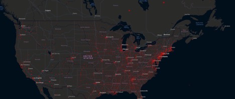 map of the USA showing prevalence of Covid-19 cases in each state