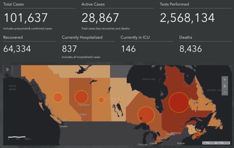 map of Canada showing cases