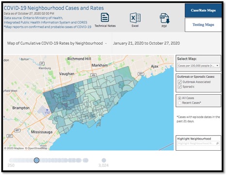 map of Toronto highlighting neighbourhoods with high COVID-19 prevalence
