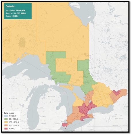 map of Ontario showing areas of high covid-19 prevalence by colour