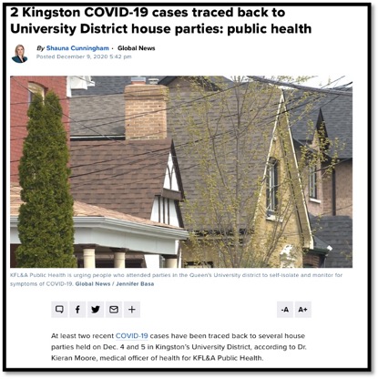 screen shot of news article re house parties and picture of house rooftops