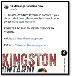 screenshot of tweet saying come to Kingston church if your church in toronto is closed