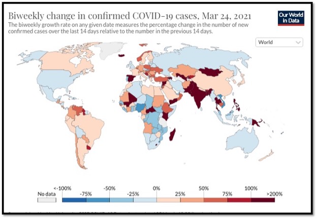 world map colour coded showing # of covid 19 cases