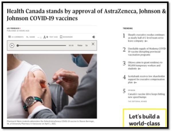 health Canada news article photo of physician giving vaccine in patient arm