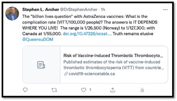 screenshot of tweet re risk of astra Zeneca