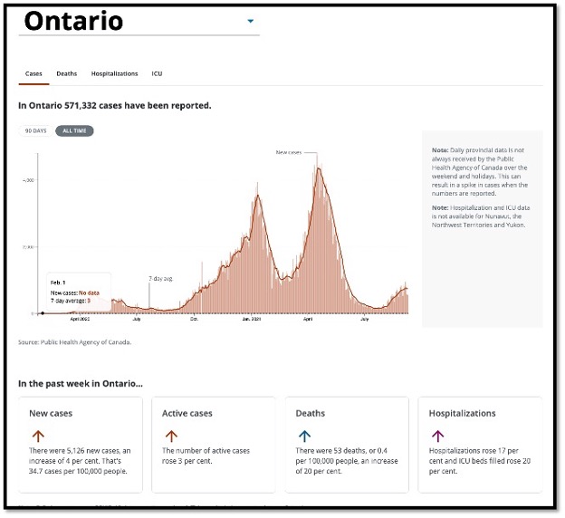 salmon coloured graph showing cases in Ontario for past few months