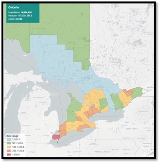 map of ontario showing COVID-19 prevalence