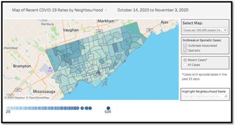map of toronto highlighting areas with high prevalence of COVID-19