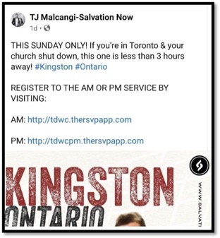 screenshot of text telling people to come to Kingston church from toronto
