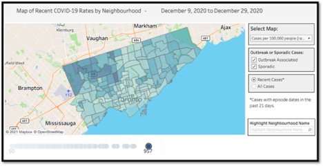 map of GTA area highlighting specific areas with high covid