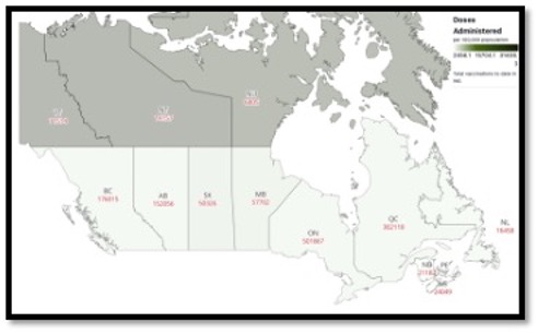 map of Canada with provinces labelled and the number of vaccines administered for each province